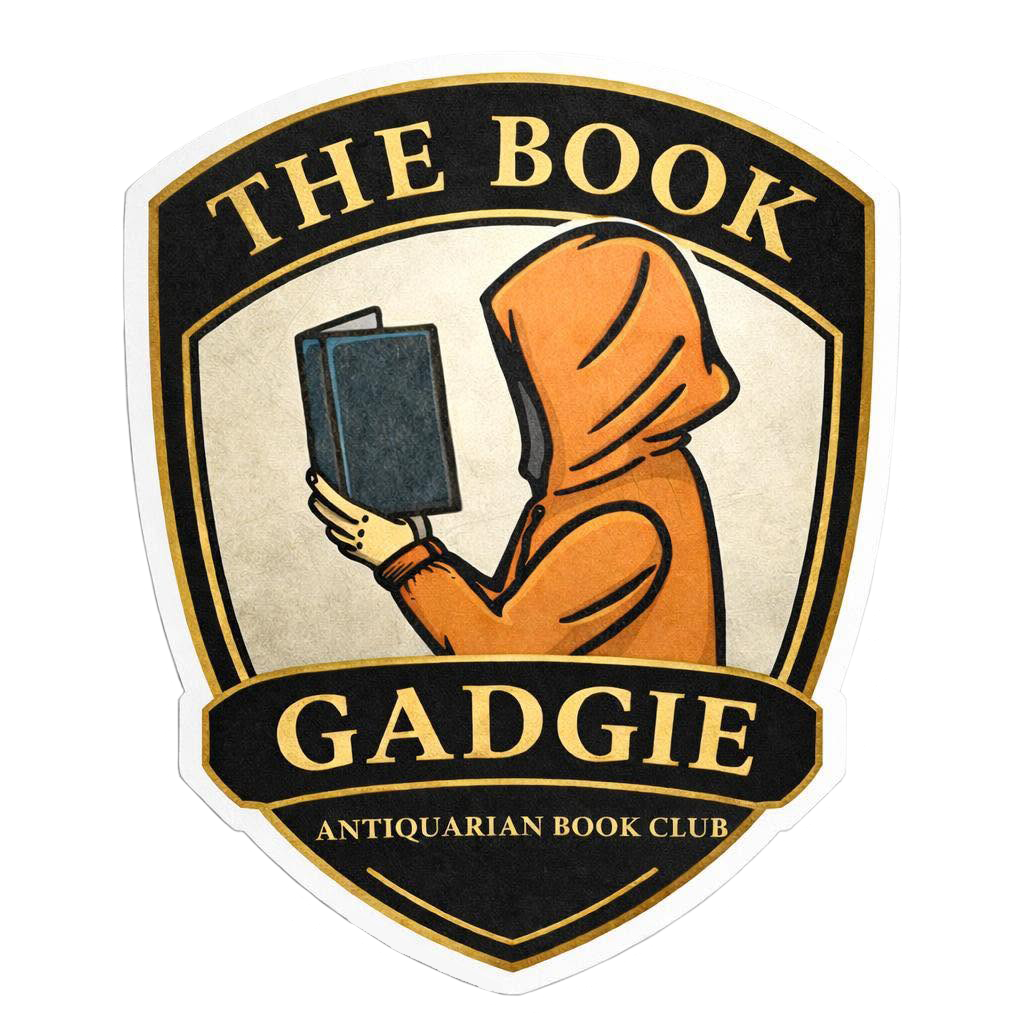 The Book Gadgie crest — hooded figure reading, Antiquarian Book Club