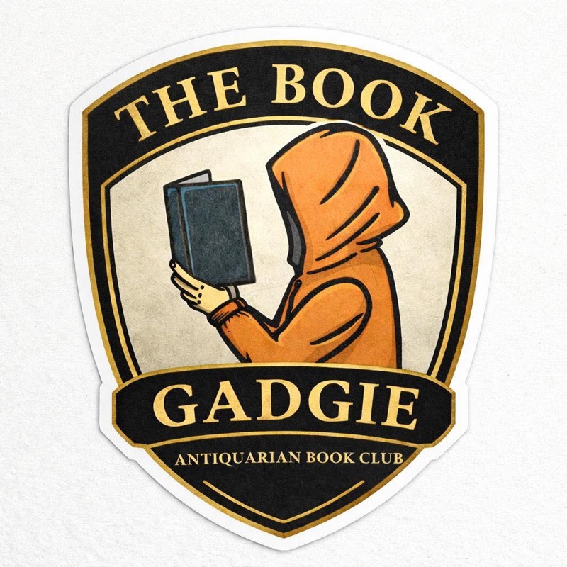 The Book Gadgie crest — hooded figure reading, Antiquarian Book Club